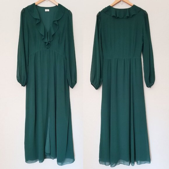 Aritzia Wilfred Millie Dress 8 Forest Green Romantic Ruffle Chiffon Maxi Slit - Picture 14 of 16
